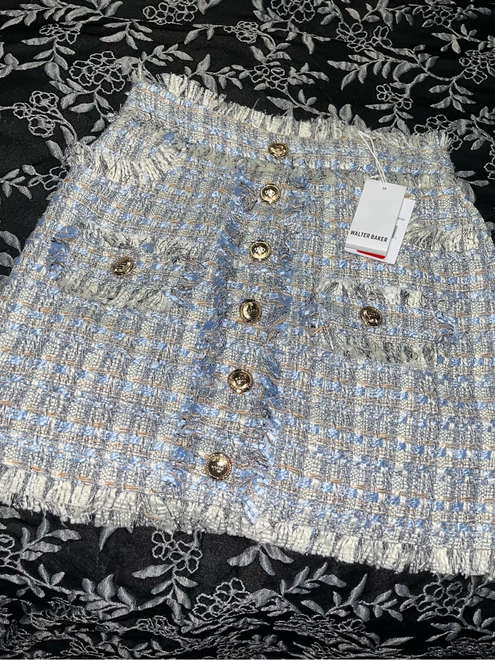 Walter Baker Light Blue & Cream Tweed Mini Skirt with Gold Buttons